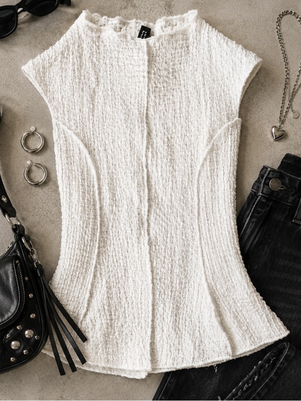 Sleeveless White Textured Shell Top - Elegant Casual size M